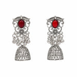Load image into Gallery viewer, Red Stone Oxidised Filigree Jhumka Earrings