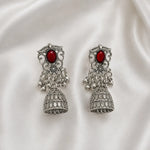 Load image into Gallery viewer, Red Stone Oxidised Filigree Jhumka Earrings
