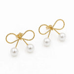 Load image into Gallery viewer, Gold Bow Double Pearl Drop Earrings