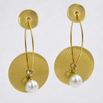 Load image into Gallery viewer, Sunburst Disc Pearl Drop Earrings