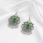 Load image into Gallery viewer, Peacock Feather Oxidised Silver Earrings