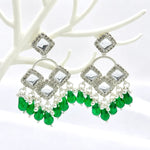 Load image into Gallery viewer, Kundan Square Emerald Bead Drop Earrings