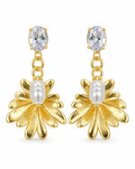 Load image into Gallery viewer, Ruvique Gold Sunburst Pearl Chain Drop Earrings