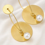Load image into Gallery viewer, Sunburst Disc Pearl Drop Earrings