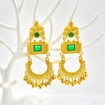 Load image into Gallery viewer, Emerald Chandbali Ghungroo Earrings - Gold with green stone and bell danglers