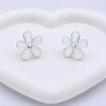 Load image into Gallery viewer, White Blossom Crystal Stud Earrings - Pearlescent five-petal flower studs with iridescent AB crystal centre