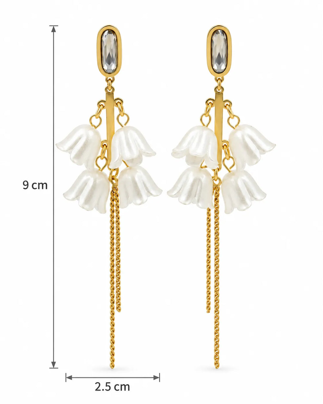 Grey CZ Gold Bar Bell Flower Tassel Drop Earrings