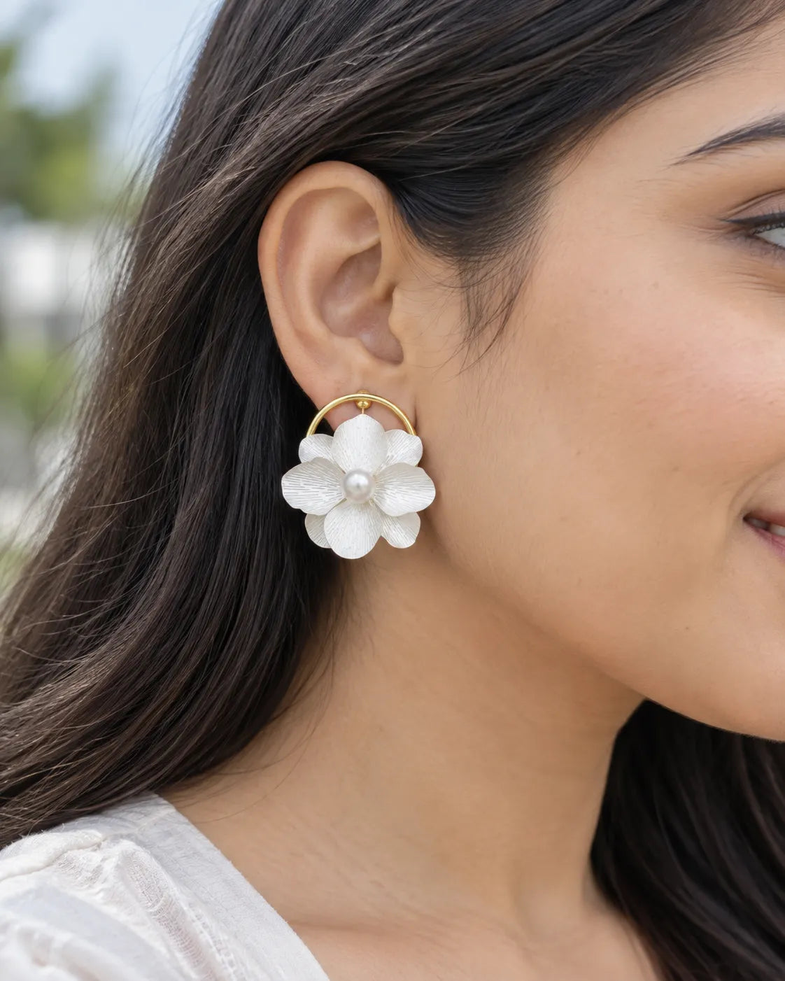 Ruvique large floral pearl hoop statement earrings