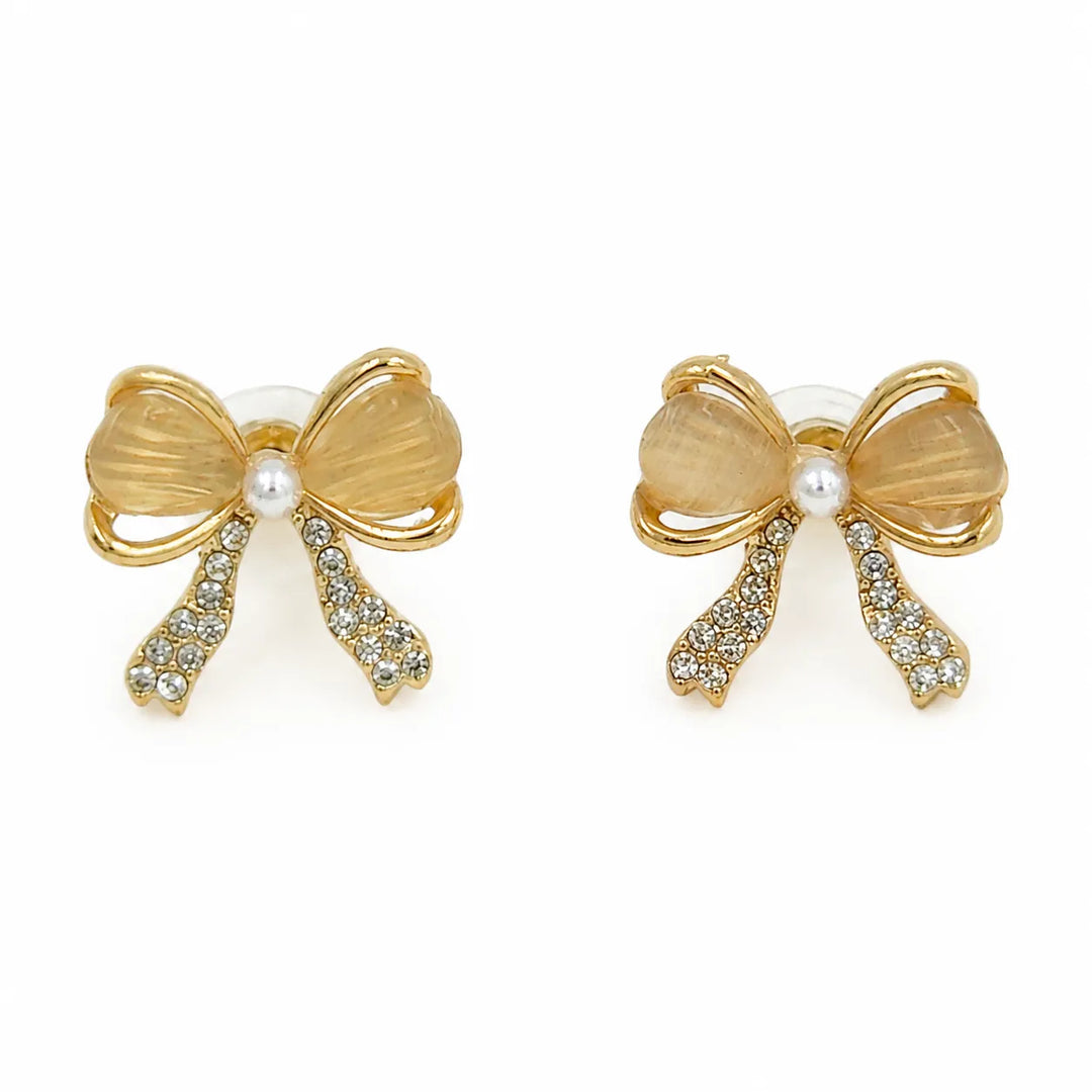 Opal Ribbon Bow Pavé Gold Studs
