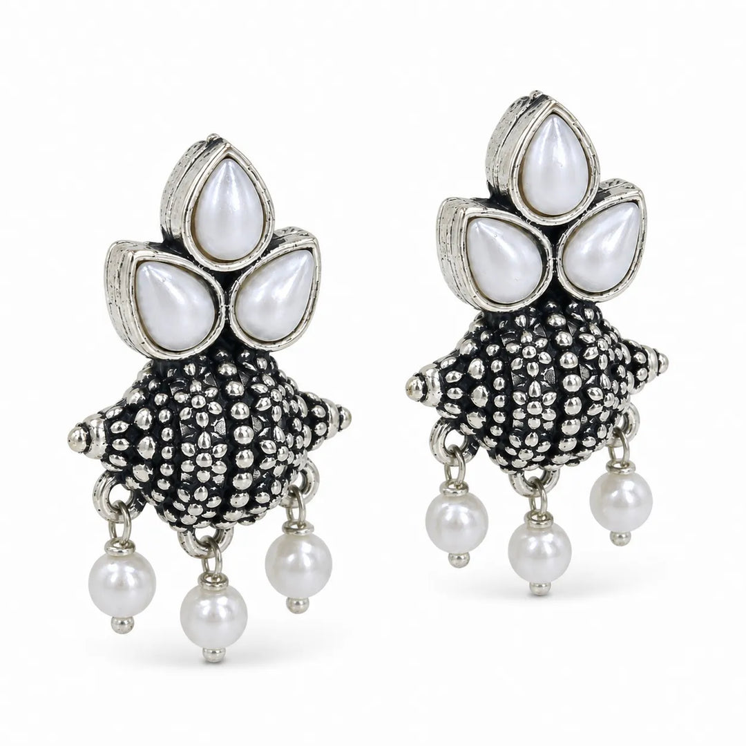 Oxidised Tri-Petal Dome Jhumka with Pearl Drops