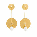 Load image into Gallery viewer, Sunburst Disc Pearl Drop Earrings
