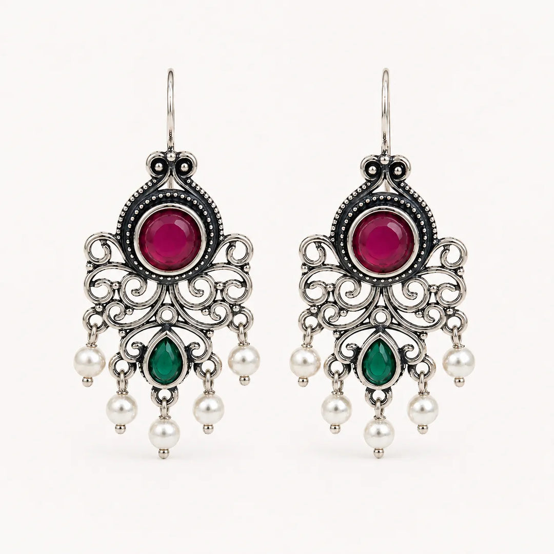 Oxidised Filigree Chandelier Pearl Drop Earrings