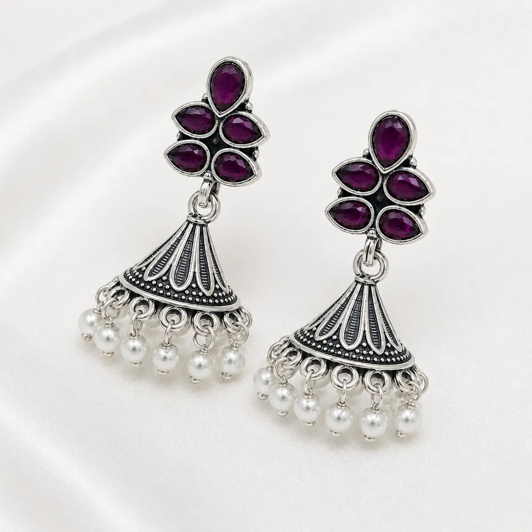 Oxidised Floral Top Bell Jhumka with Pearl Drops