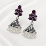Load image into Gallery viewer, Oxidised Floral Top Bell Jhumka with Pearl Drops
