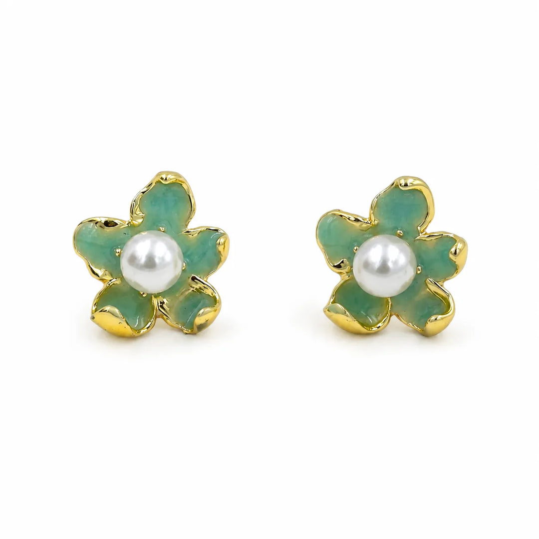Mint Flower Pearl Centre Stud Earrings