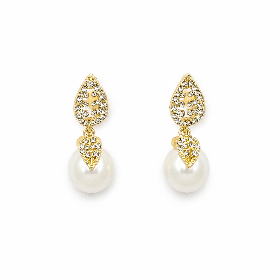 Double Leaf Crystal Pearl Dangle Earrings