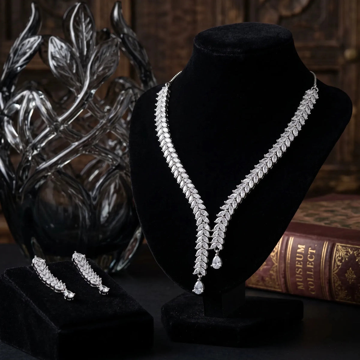 Silver crystal leaf cascade jewellery set