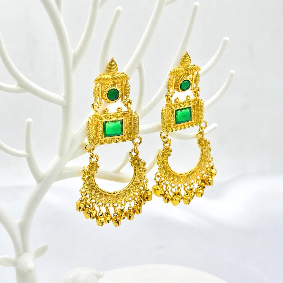 Emerald chandbali ghungroo earrings