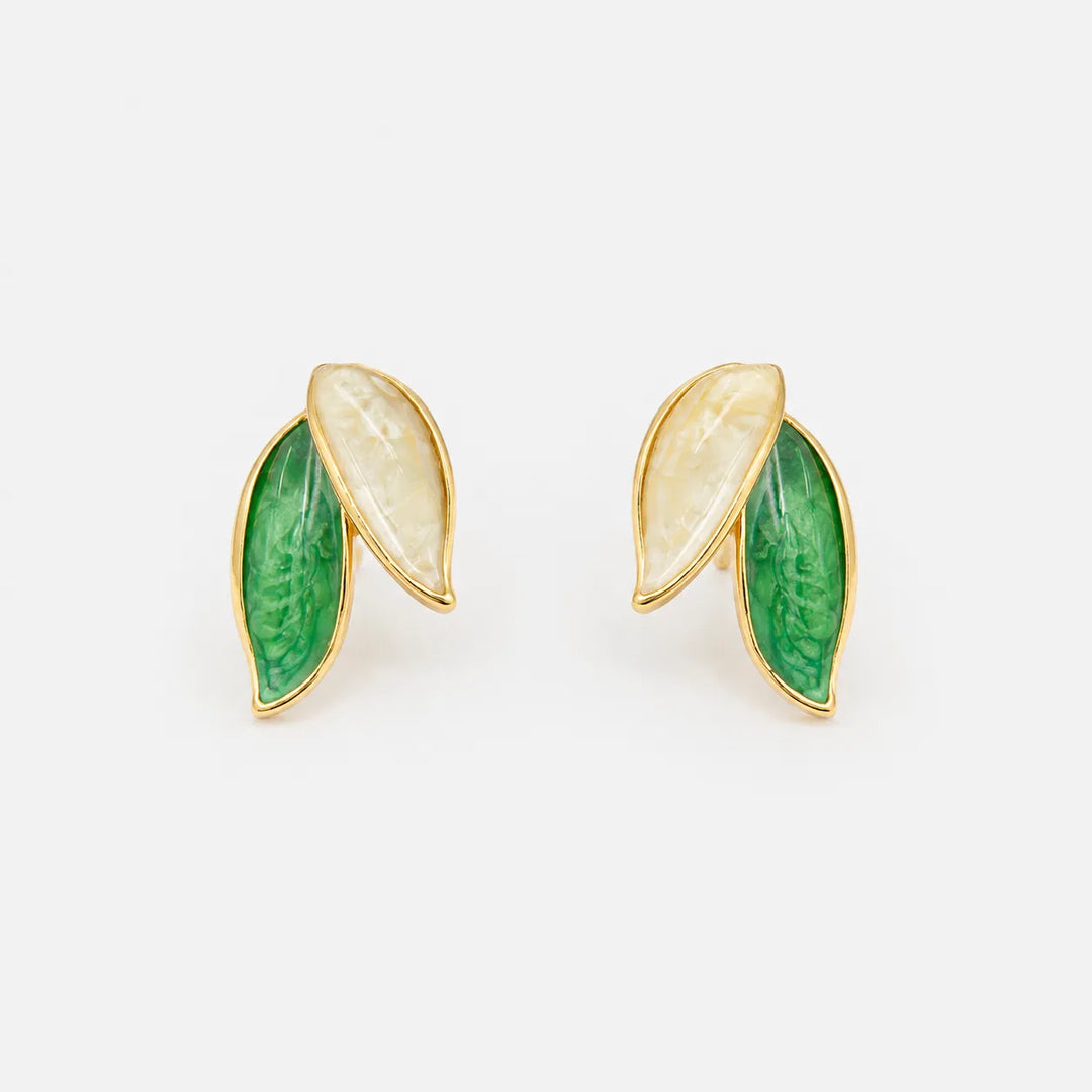 Green & White Dual Leaf Stud Earrings