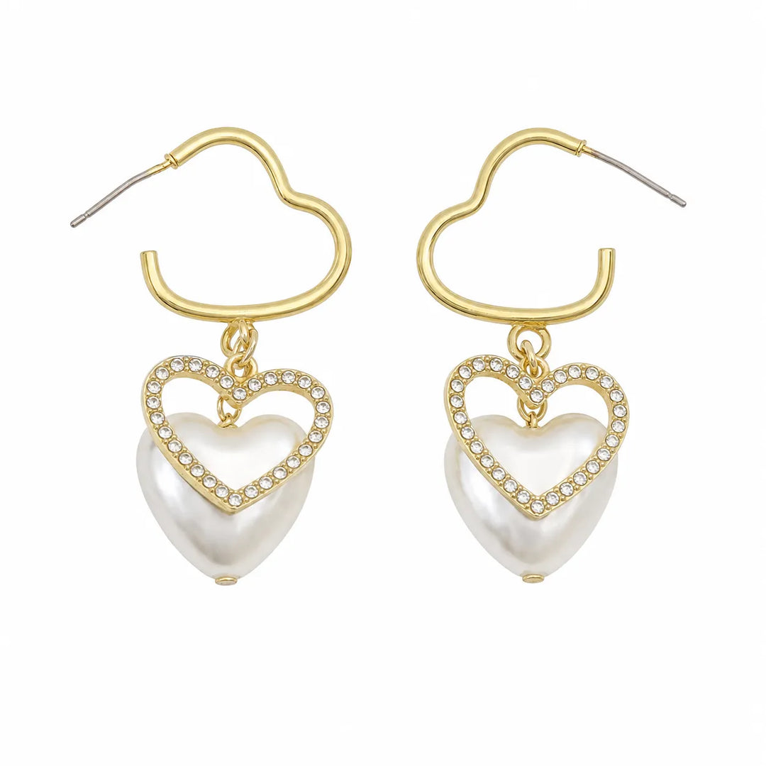 Diamond Heart Pearl Dangle Earrings
