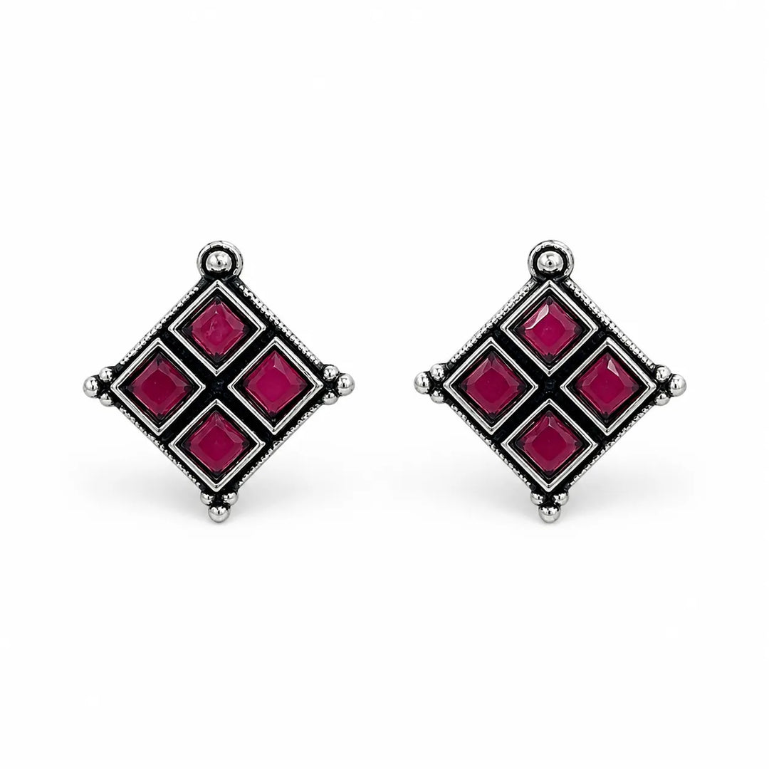 Oxidised Diamond Grid Square Stone Stud Earrings