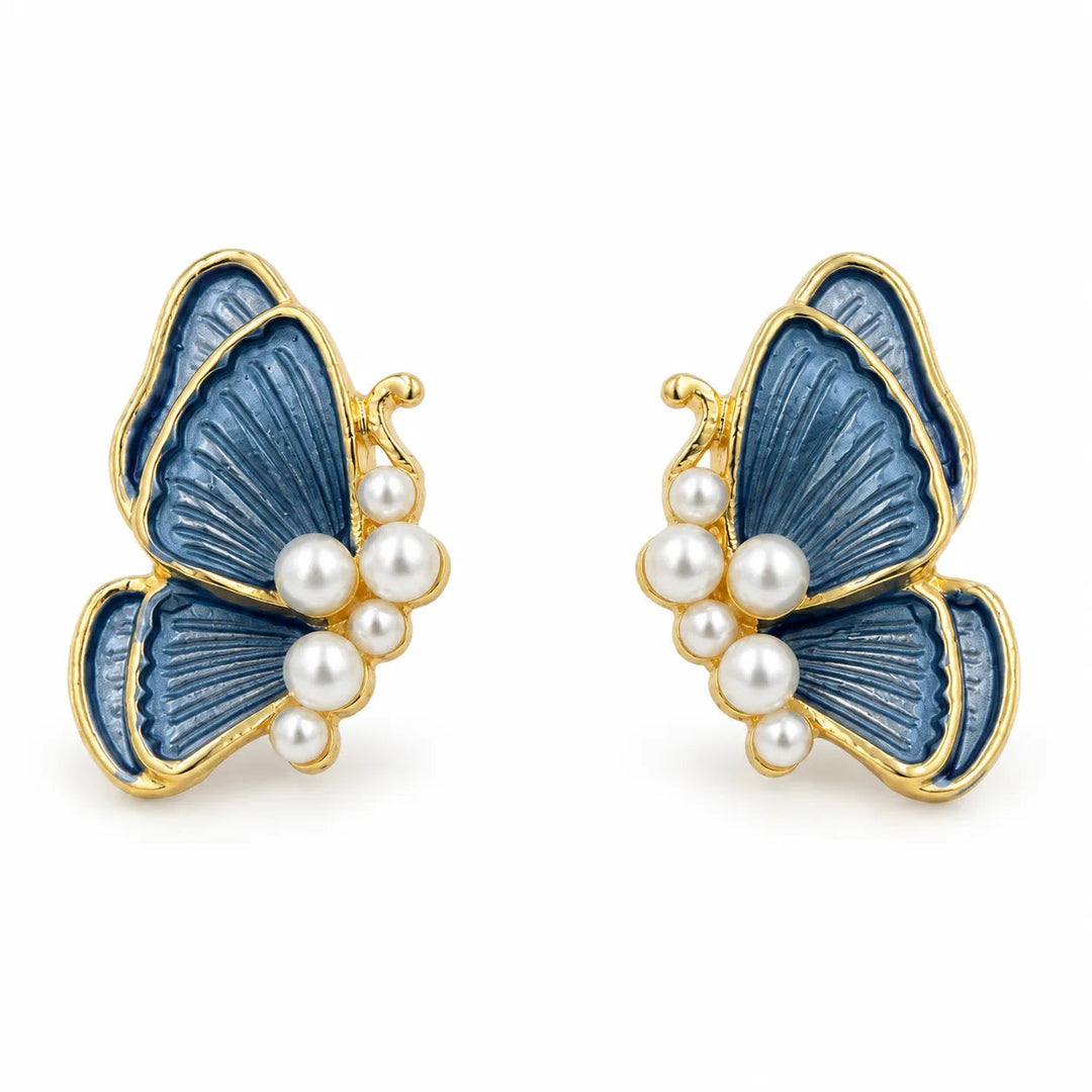 Ruvique Butterfly Pearl Enamel Stud Earrings – Steel Blue variant