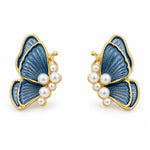 Load image into Gallery viewer, Ruvique Butterfly Pearl Enamel Stud Earrings – Steel Blue variant
