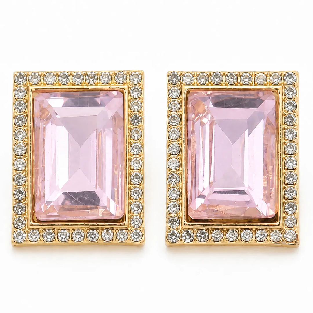 Pink Emerald Crystal Pave Halo Stud Earrings