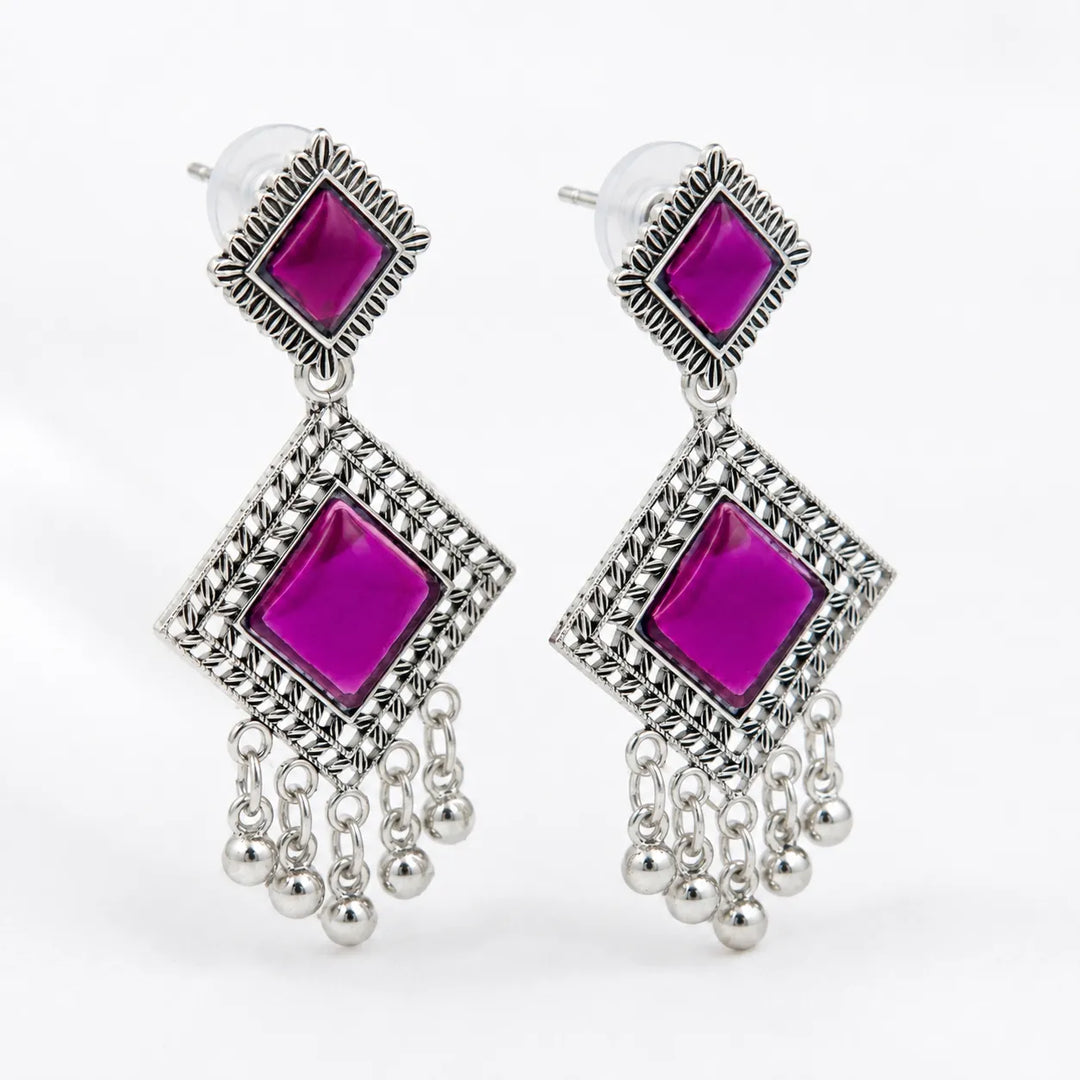 Purple Square Oxidised Silver Earrings