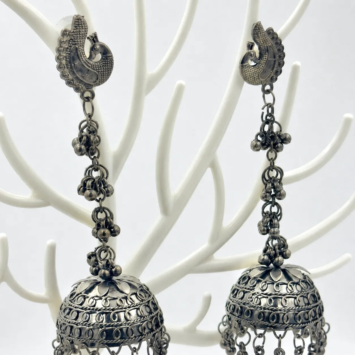 Black peacock long jhumka earrings