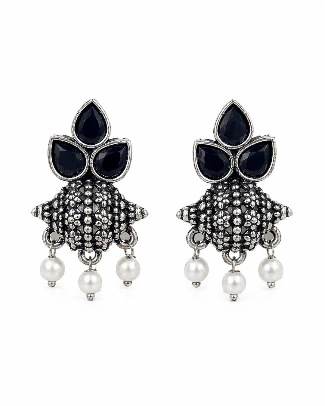 Oxidised Tri-Petal Dome Jhumka with Pearl Drops