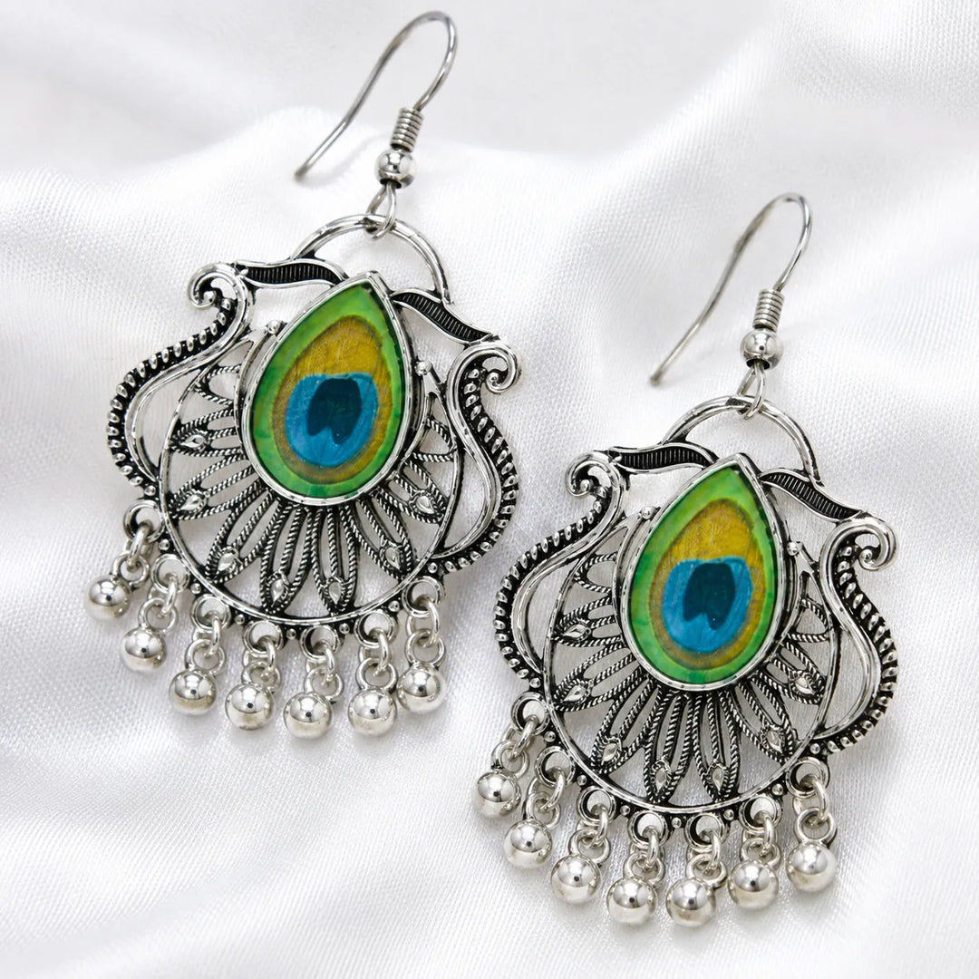 Peacock Feather Oxidised Silver Earrings