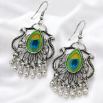 Load image into Gallery viewer, Peacock Feather Oxidised Silver Earrings
