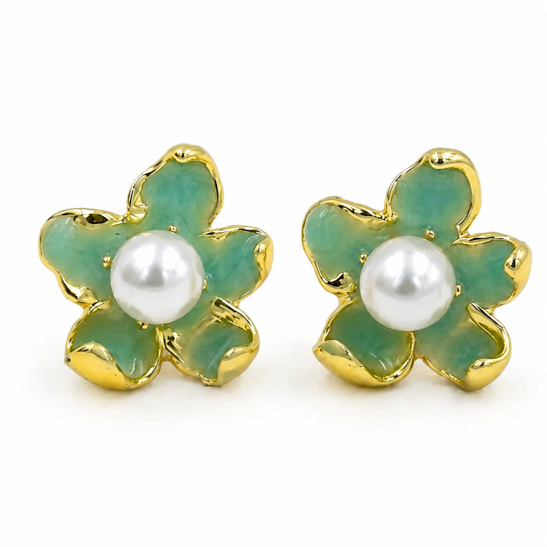 Mint Flower Pearl Centre Stud Earrings