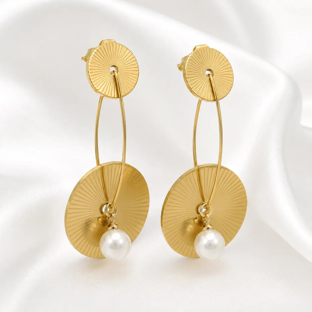 Sunburst Disc Pearl Drop Earrings