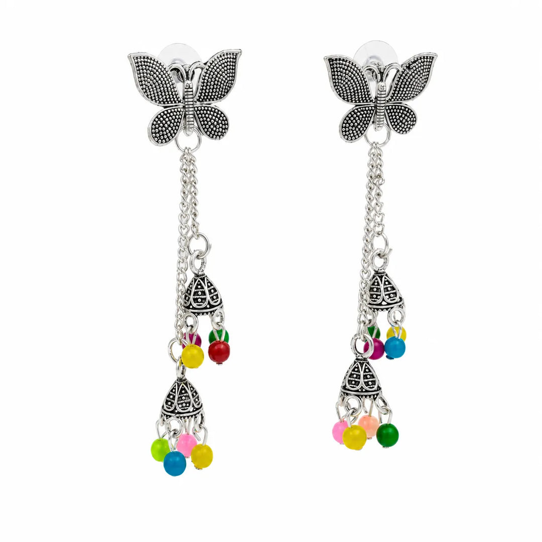 Oxidised Butterfly Chain Jhumka Earrings