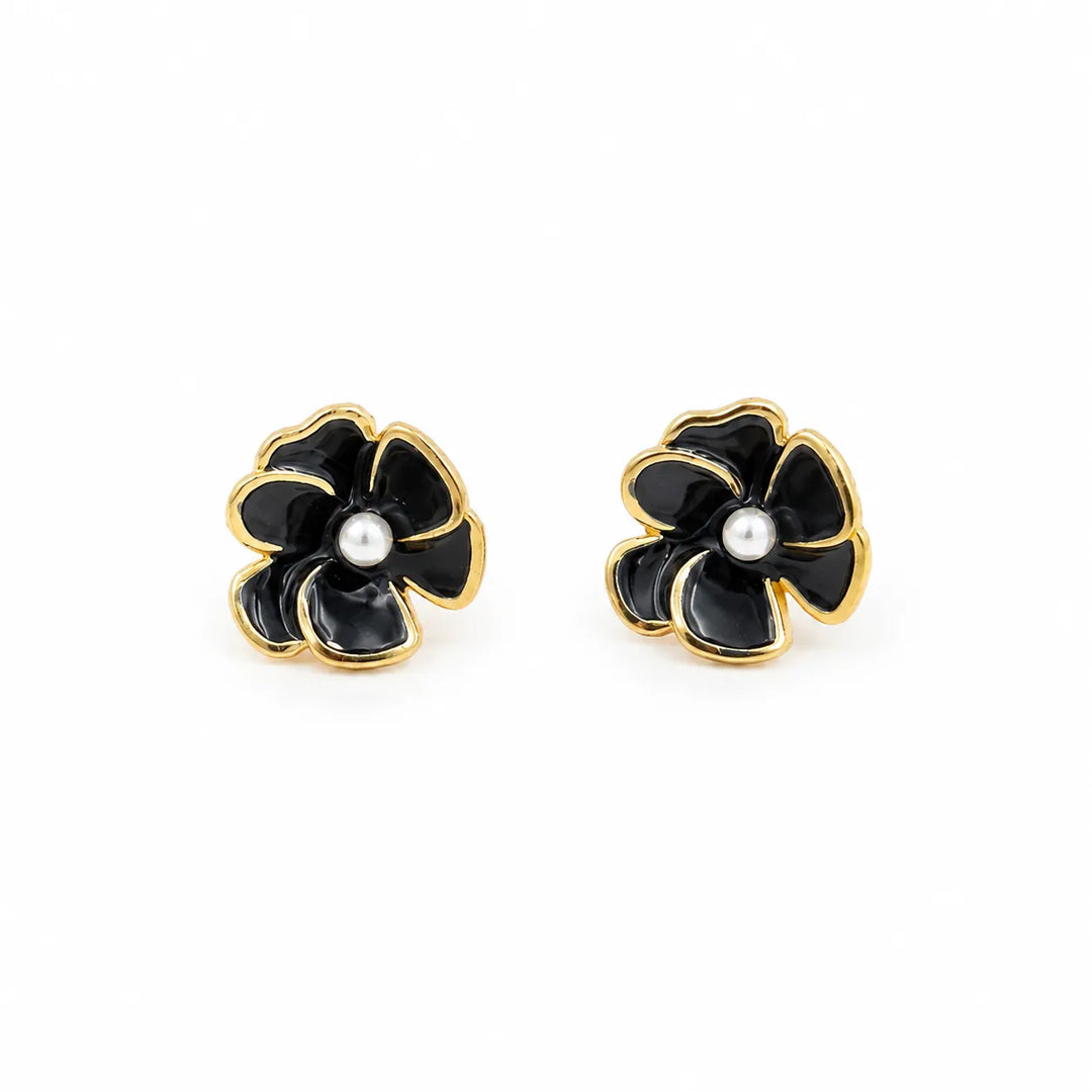 Onyx Flower Pearl Earrings