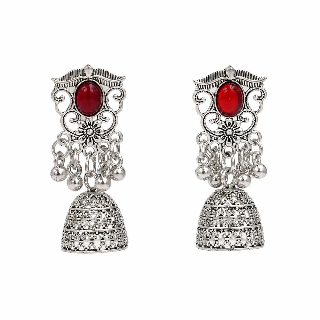 Red Stone Oxidised Filigree Jhumka Earrings