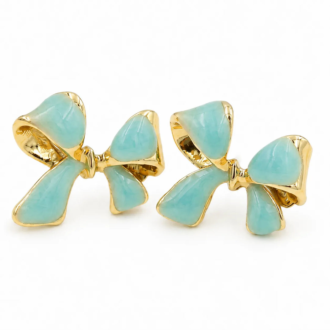 Aqua Bow Gold Rim Stud Earrings