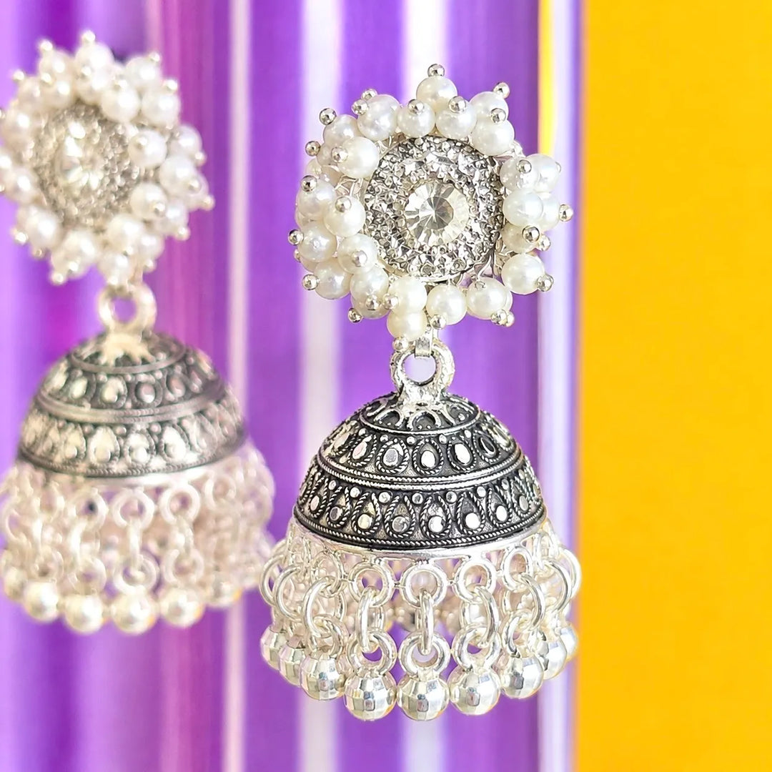 Silver Pearl Cluster Jhumka Earrings