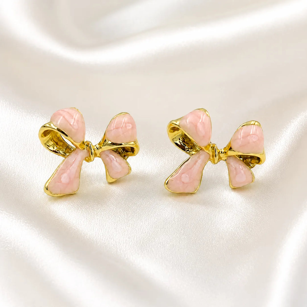 Blush Bow Gold Rim Stud Earrings