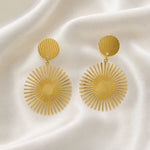 Load image into Gallery viewer, Golden Sunburst Disc Drop Earrings
