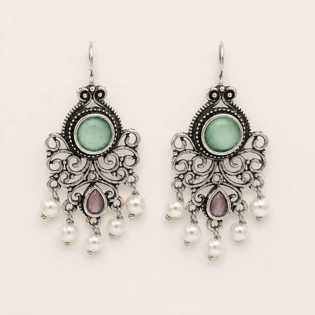 Oxidised Filigree Chandelier Pearl Drop Earrings
