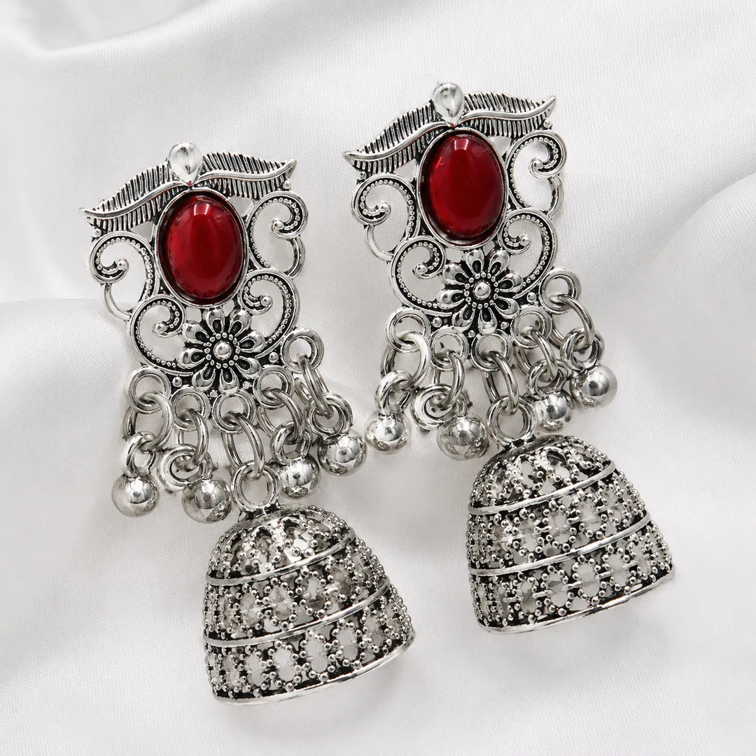 Red Stone Oxidised Filigree Jhumka Earrings