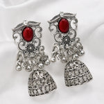 Load image into Gallery viewer, Red Stone Oxidised Filigree Jhumka Earrings
