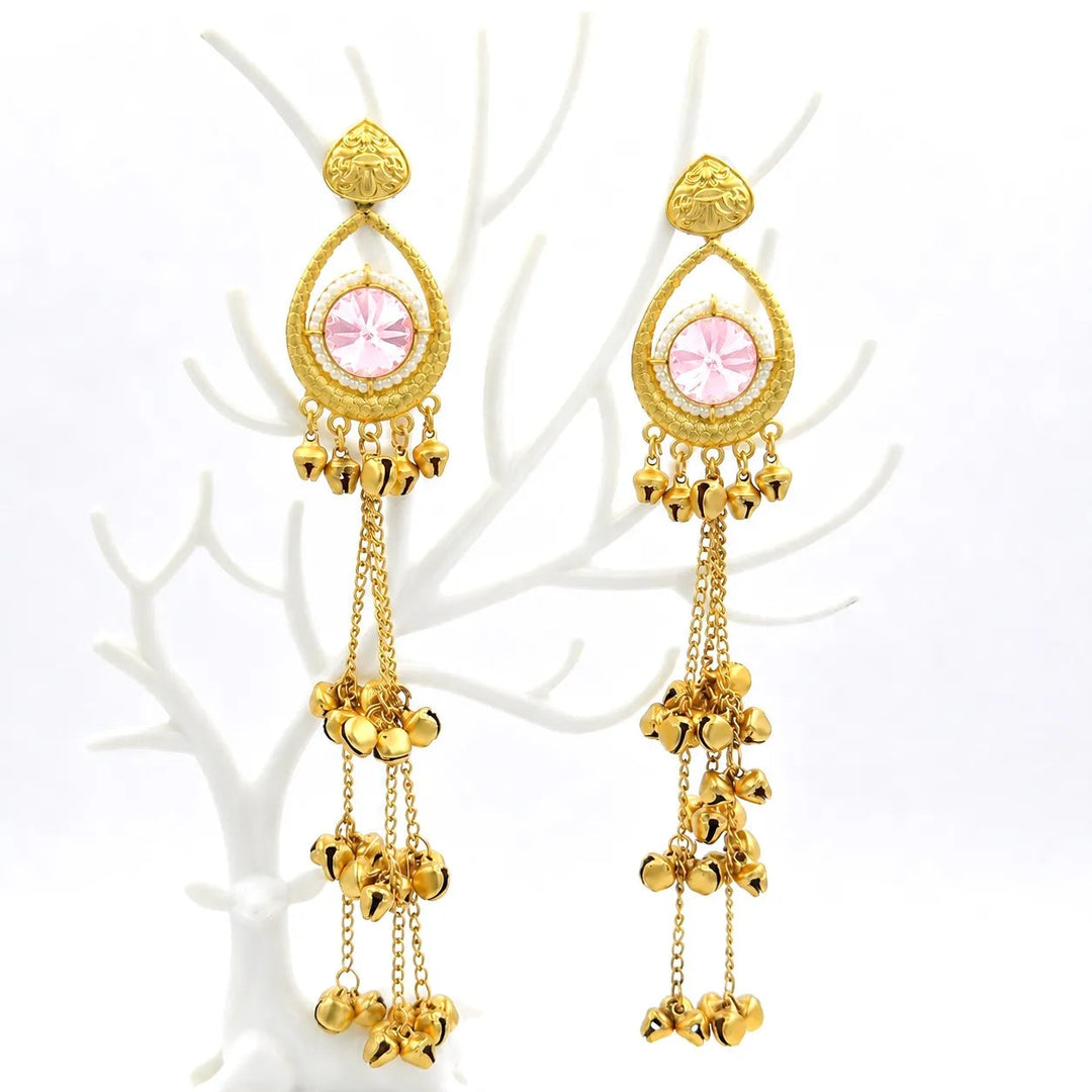 Pink Crystal Kashmiri Ghungroo Zumka Earrings - Gold teardrop chandbali with pink crystal centre and layered ghungroo tassel chains