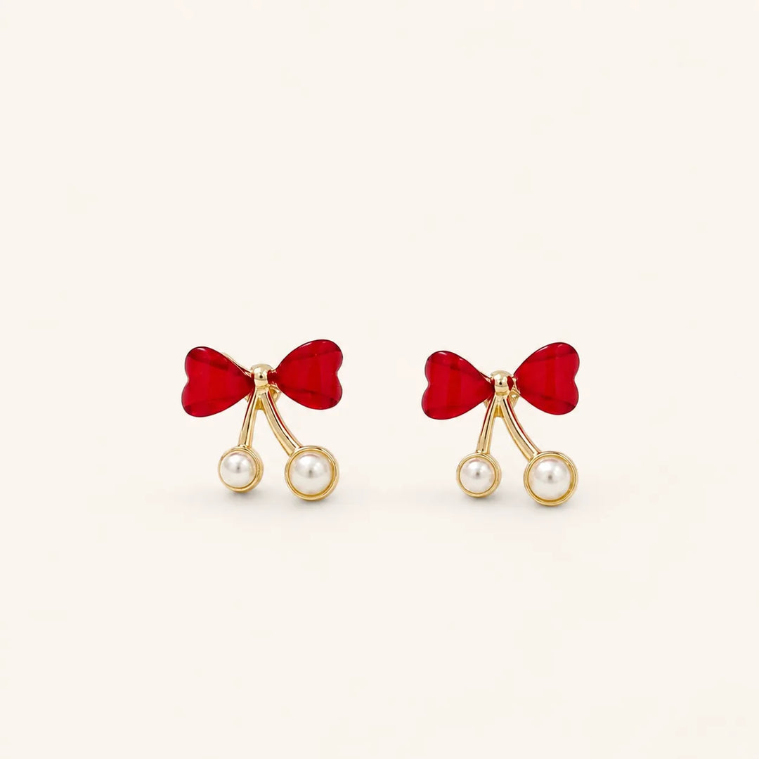 Crimson Bow Pearl Drop Studs