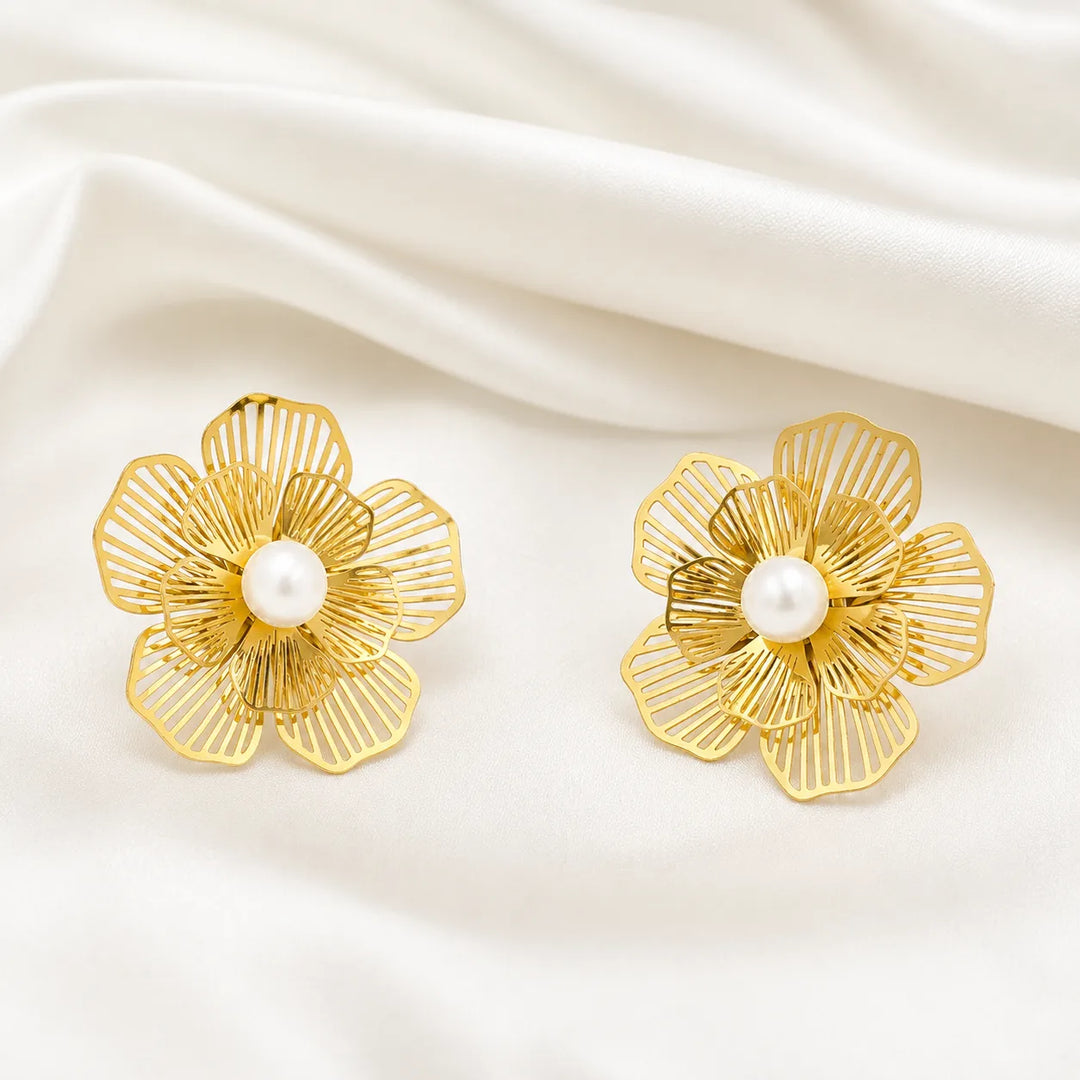 Golden Filigree Flower Pearl Stud Earrings