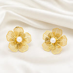 Load image into Gallery viewer, Golden Filigree Flower Pearl Stud Earrings

