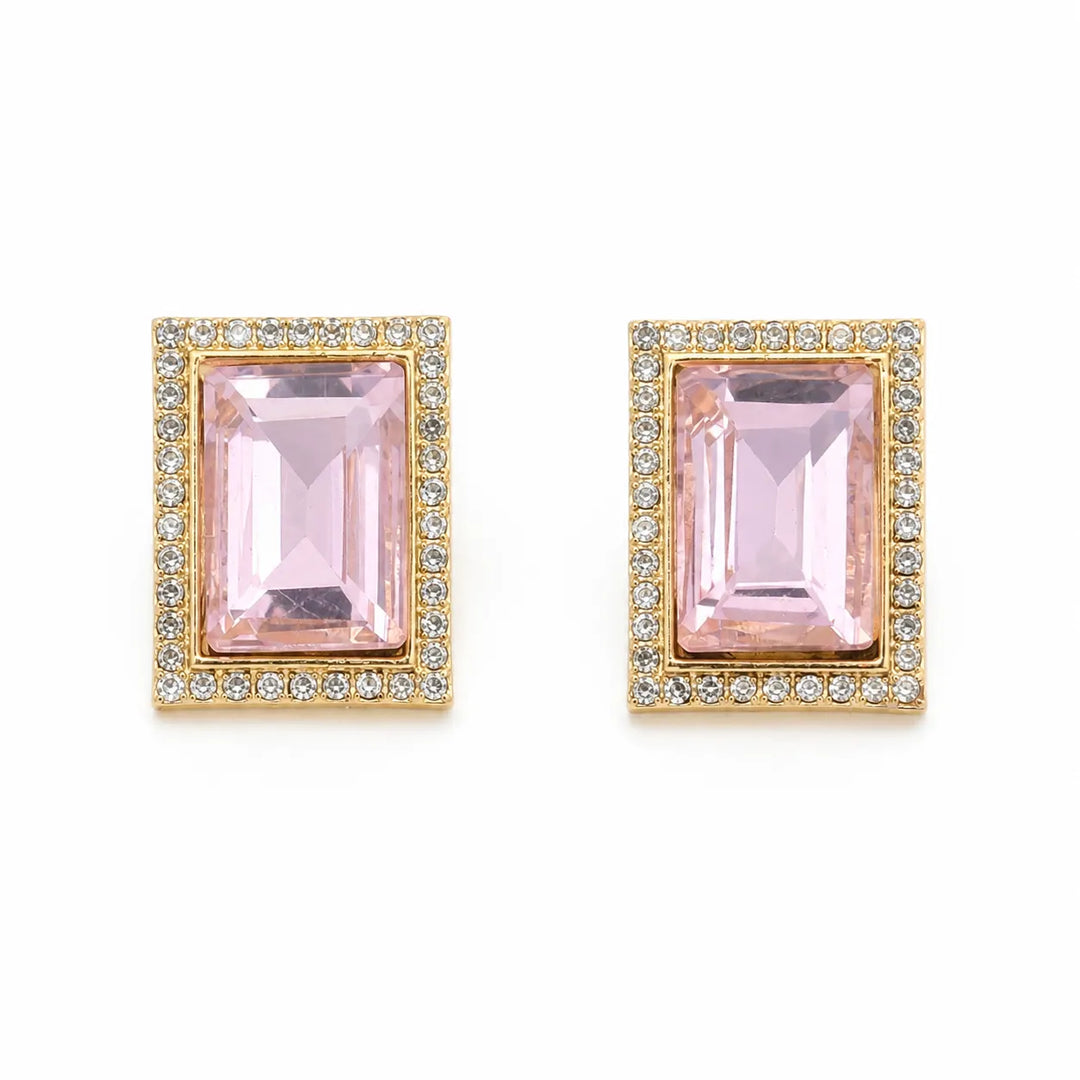 Pink Emerald Crystal Pave Halo Stud Earrings